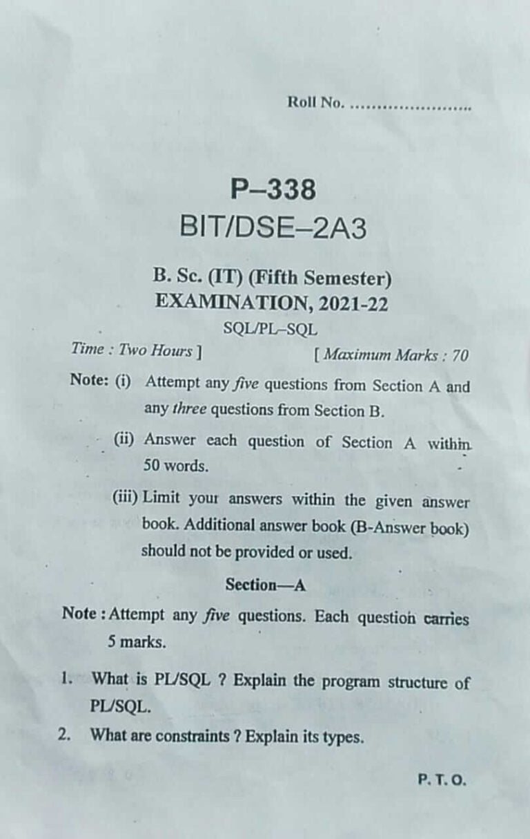 HNBGU B.Sc. IT PL/SQL 5th Sem Previous Year Question Paper | HNBGU Guide