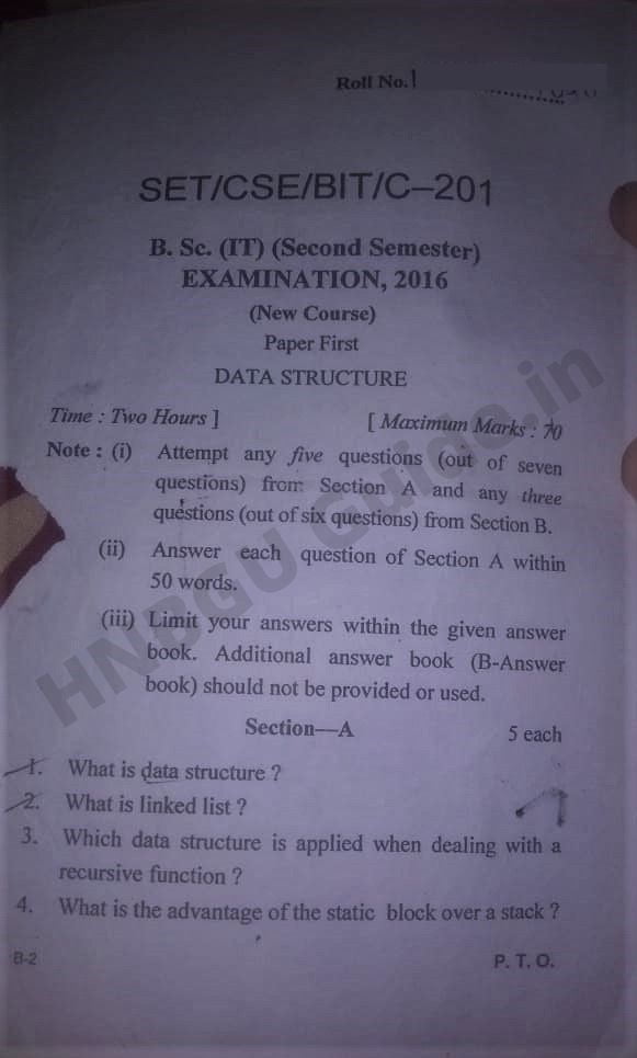 HNBGU B.Sc. IT Data Structure 2nd Sem Previous Year Question Paper 2016 ...